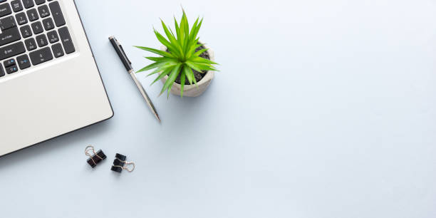 istock Office desk table with supplies. Flat lay Business workplace and objects. Top view. Copy space for text 1225876585