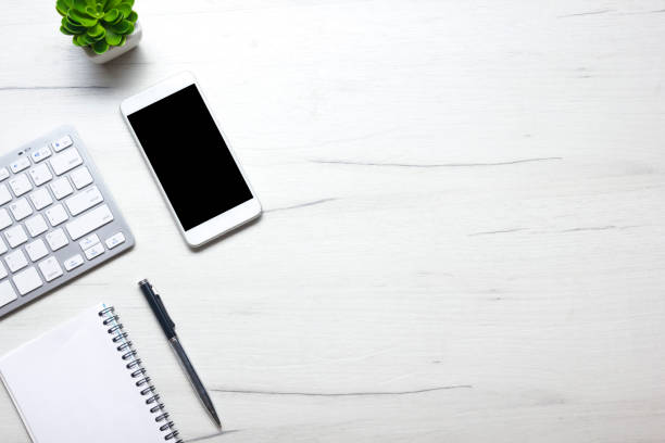 istock Office desk table with supplies. Flat lay Business workplace and objects. Top view. Copy space for text 1225876638