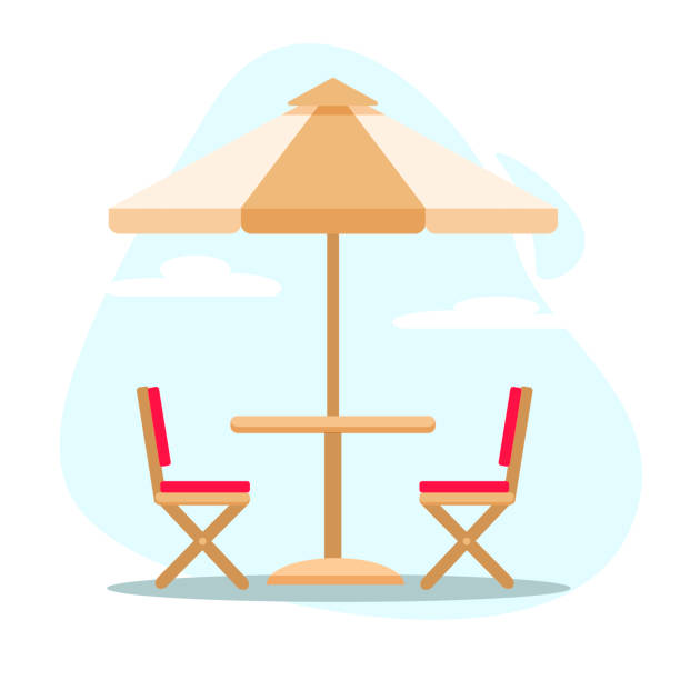 Summer outdoor cafe with table, umbrella, chairs isolated on blue sky background. Summer outdoor cafe with table, umbrella, chairs isolated on blue sky background. Colorful vector illustration in flat style tropical beach and clouds scene stock illustrations