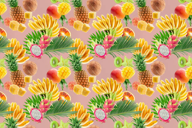 seamless colorful pattern with tropical fruits on a light pink background.