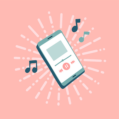 Online Music Player with Note of Music. Playing Mobile Music. Cartoon Style Suitable for Web Landing Page, Banner, Flyer, Sticker, Wallpaper, Card, Background. Flat vector illustration