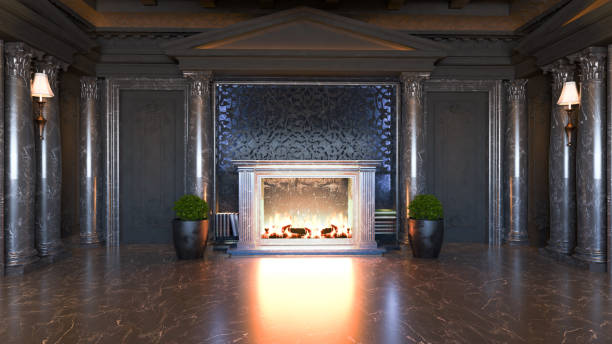 istock dark baroque and classic interior design idea with fireplace and plant realistic 3D rendering 1225883324