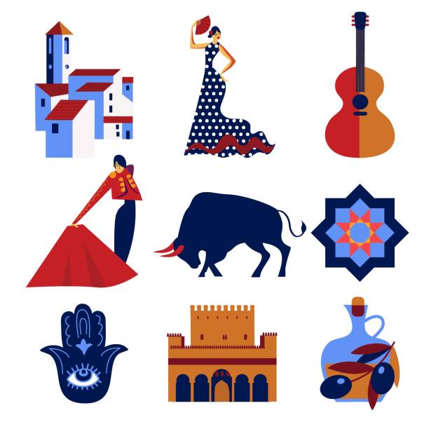 ilustraciones, imágenes clip art, dibujos animados e iconos de stock de conjunto andaluz de iconos vectoriales y símbolos - computer graphic image women national landmark