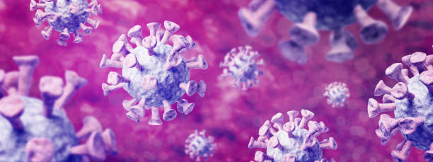 istock Coronavirus Covid-19 horizontal background, banner. 3d illustration. Concept with microscopic bacteria and viruses. 1225886326