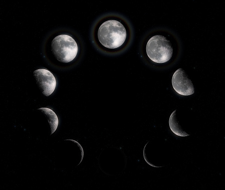 Moon Phases. Ten steps from full moon to new moon. The shape of the directly portion of the Moon as viewed from Earth. High resolution and super detailed lunar phases. 3D RENDER