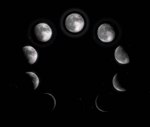 Moon Phases. Ten steps from full moon to new moon. High resolution and super detailed lunar phases stock photo