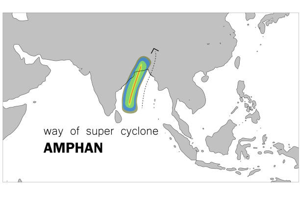 спутниковое изображение супер циклона амфан над бенгальским заливом. путь циклона. - hurricane florida stock illustrations