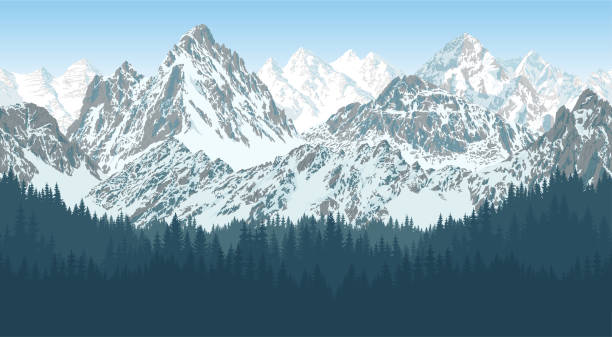 vector mountains range in forest - sealmess illustration vector mountains range in forest - sealmess illustration k2 mountain panorama stock illustrations