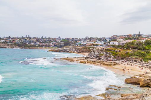 Landscape view of Shark point and Burrows park during Bondi to Coogee coastal walk in Sydney NSW Australia.