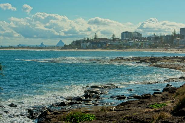 Caloundra,  Sunshine Coast, Queensland Australia View to Kings Beach in Caloundra and the Glass House Mountains in the background caloundra stock pictures, royalty-free photos & images
