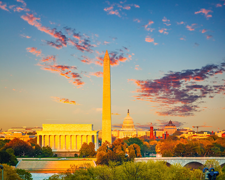 Lincoln memorial, Washington monument and Capitol in Washington DC at sunset