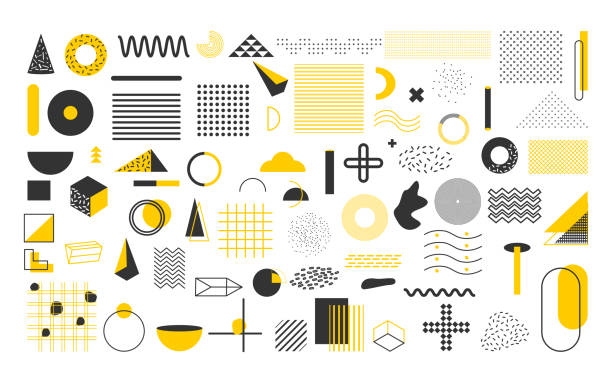 Yellow black geometric shape  vector set Set of yellow and black geometric shapes.  design elements of retro style, funky 90s pattern. Trendy halftone for magazine, billboard, web poster, banner, leaflet. Isolated vector illustration grid pattern illustrations stock illustrations