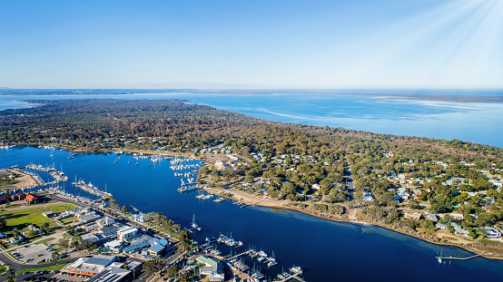 Aerial view of both Paynesville and Raymond Island in the Gippsland Lakes