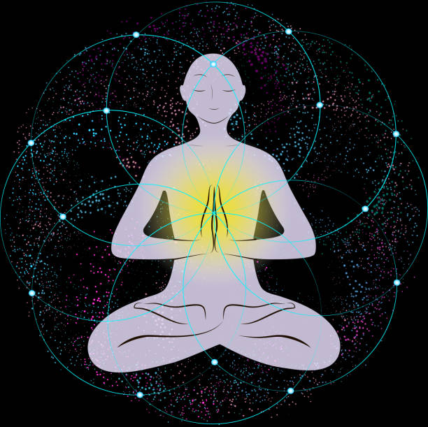 istock A meditating person in the Lotus position. Yoga class. Human energy, aura. Vector 1225902731