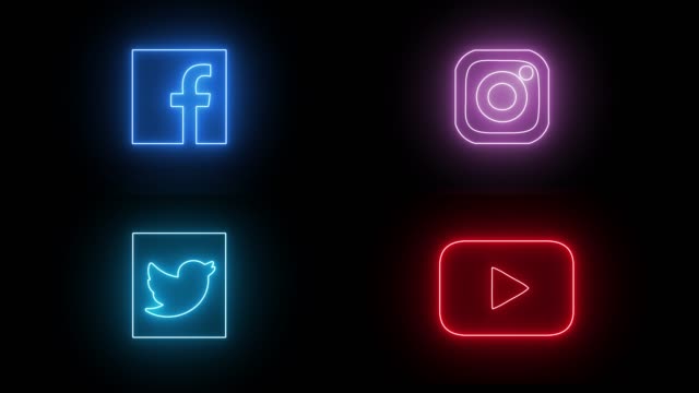 Neon social media icons set. Facebook, Instagram, Twitter and Youtube icon with neon, glowing led lights.
