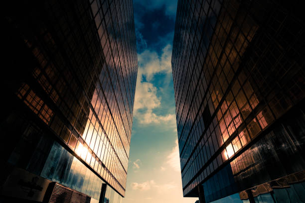 istock Looking up at golden skyscrapers 1225905477