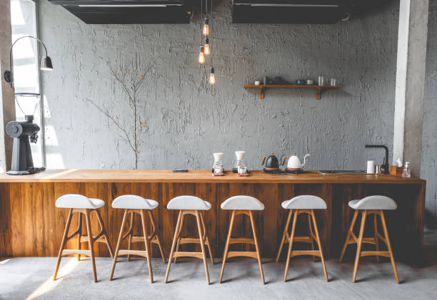 istock Layout in a loft style in dark colors open space interior view of various coffee 1225906342