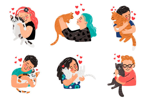 Cat pet owner characters Cat pet owner characters. Owners hugging cats, girls and boys petting cats animals, young persons with pets embraces portraits vector illustration stroking illustrations stock illustrations