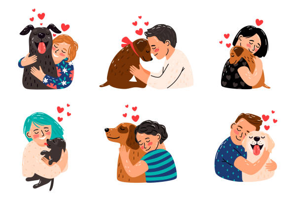 Kids hugging dog pets Kids petting dogs. Children hugging dog pets vector illustration, happy girls and smiling boys with puppies image, domestic licking animals and playing owners best friends happy dog stock illustrations