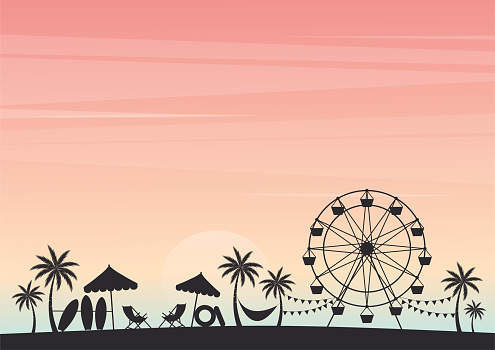 Summer holiday. Silhouette palm tree with Ferris wheel and beach chair on beach under sky sunset. Cartoon style. Party summer background. Vector illustration.