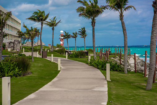 Sea shore on the Caribbean beach in the Area Hoteleria in Cancun Quintana Roo Mexico.