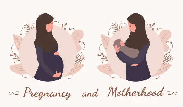 Vector illustration of Pregnancy and motherhood. Muslim woman in abaya and hijab. Modern flat style vector illustration isolated on soft background.