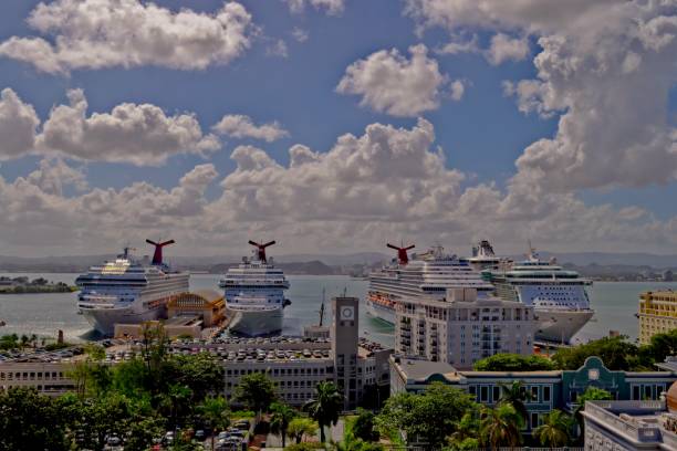 Four cruise ships in Port of San Juan, Puerto Rico stock photo