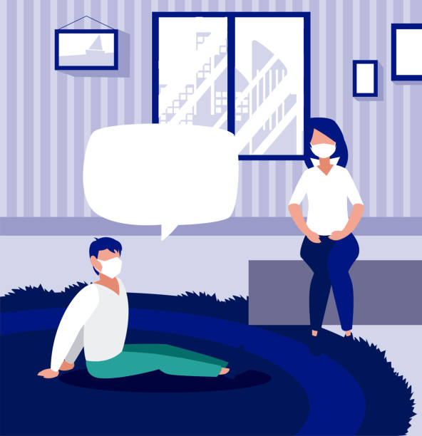 istock Woman and man sitting with mask and bubble at home vector design 1225915120