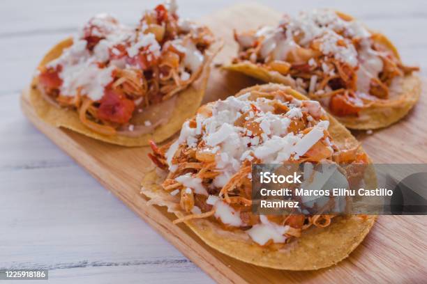 Mexican Toast With Chicken Mexican Food Chicken Tinga In Mexico Stock Photo - Download Image Now