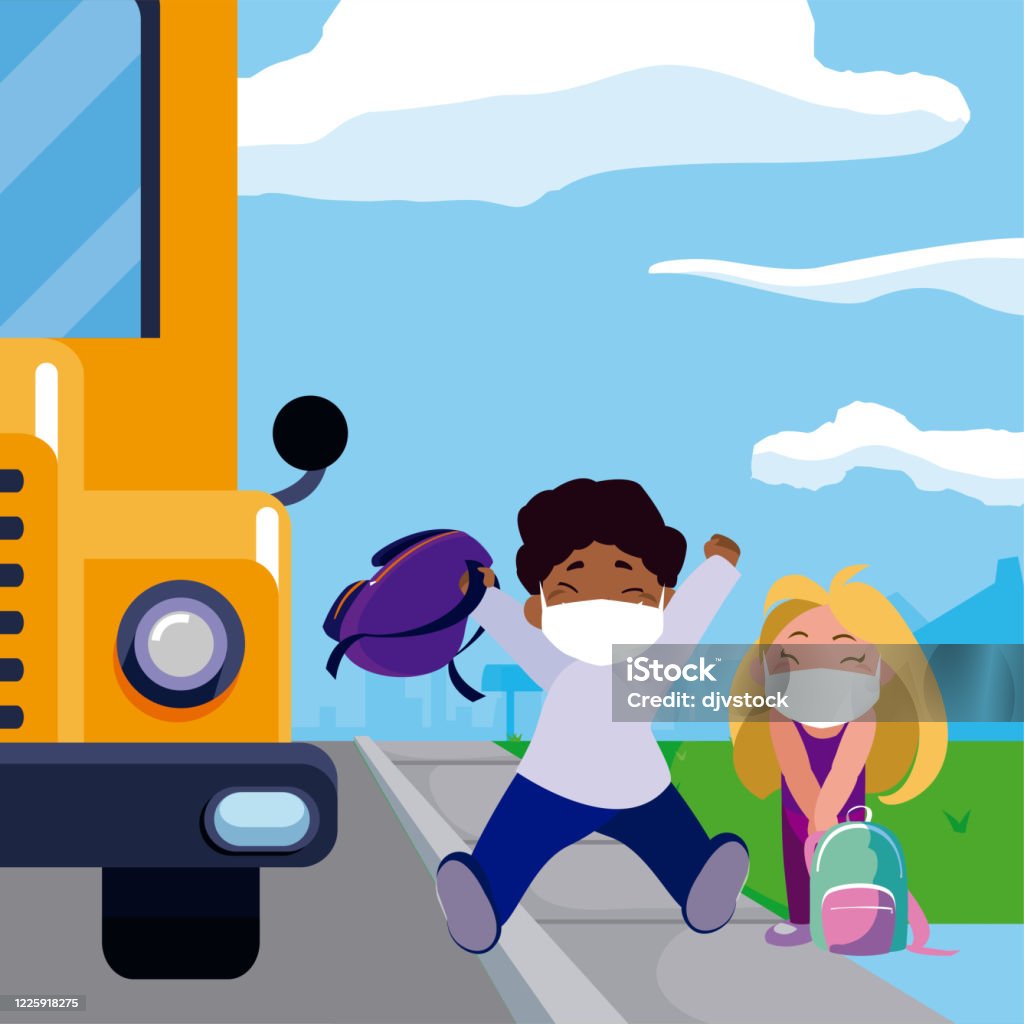 Girl And Boy Kid Cartoon With Masks And School Bags And Bus Vector Design  Stock Illustration - Download Image Now - iStock