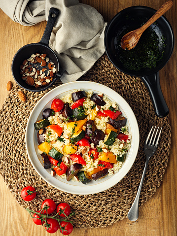Home made freshness roasted aubergine,courgette,bell peppers and cherry tomato with couscous and roasted almond.
