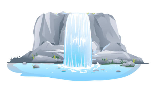 Waterfall in front view isolated illustration River waterfall falls from cliff in front view isolated illustration, picturesque tourist attraction with small waterfall and clear water, waterfall on steep rocky stream waterfall stock illustrations