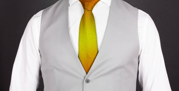 homme dans un costume gris avec la cravate ensoleillée, plan rapproché - suit necktie close up gray photos et images de collection