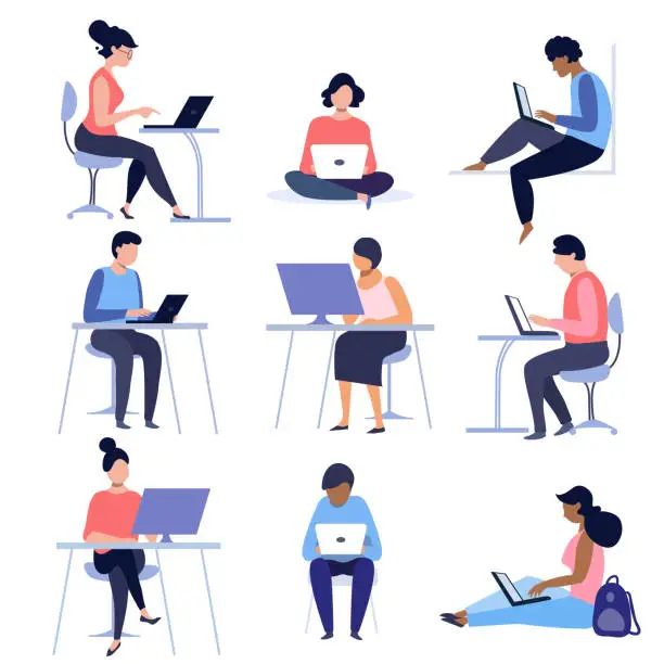 Vector illustration of Set of people using laptops and computers.