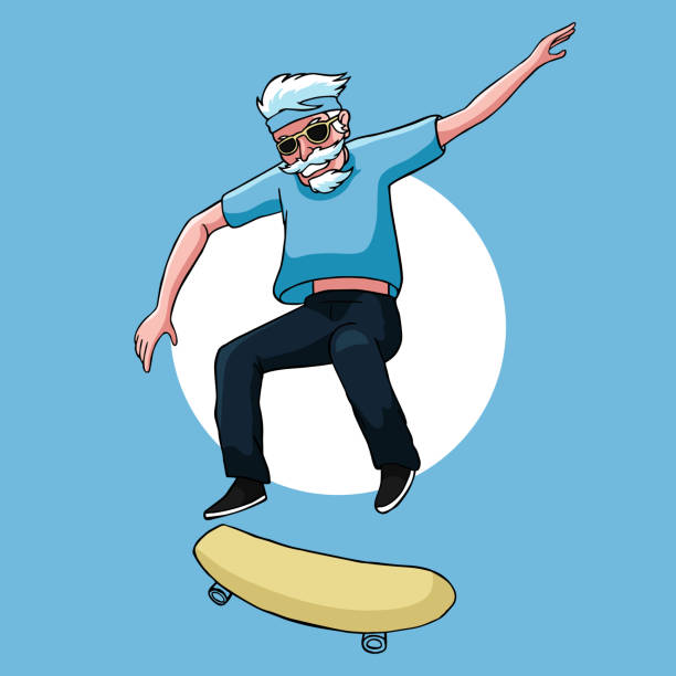 illustrations, cliparts, dessins animés et icônes de le vieil homme apprécie jouer à la planche à roulettes de freestyle dans son illustration de dessin de main de vieux âge - grinding