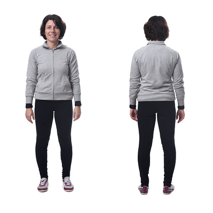 full length portrait of a woman front and back on white background