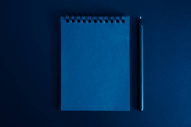 istock notebook on a spring and a pen on a black background. space for text. toned classic blue color 1225929174