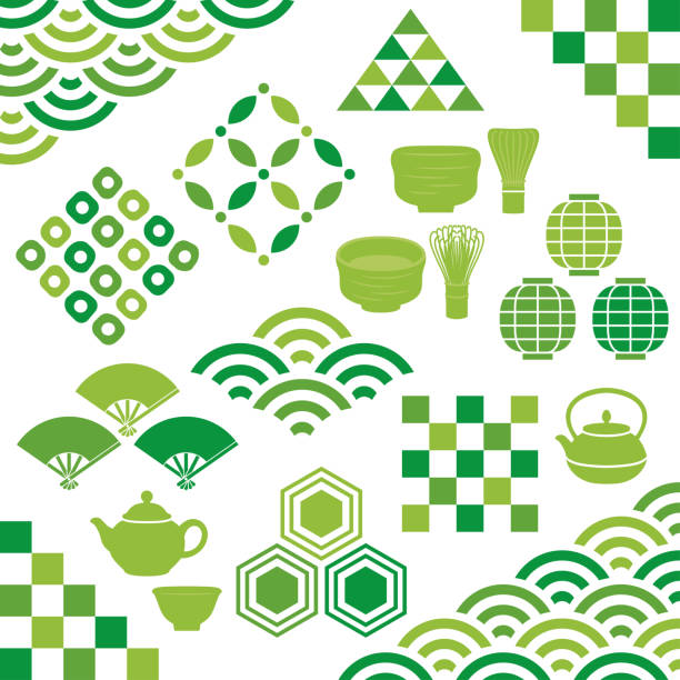 satz von grünen tee-illustrationen. - green tea illustrations stock-grafiken, -clipart, -cartoons und -symbole