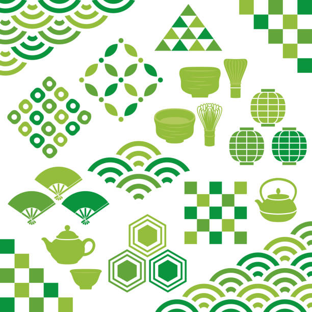 illustrazioni stock, clip art, cartoni animati e icone di tendenza di set di illustrazioni di tè verde. - green tea illustrations