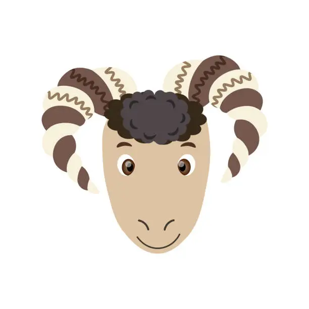 Vector illustration of Colorful vector ram face. Cute sheep. One object on a white background. Cartoon flat  illustration. Emoji funny pet animal. Template icon. Logo, sticker.