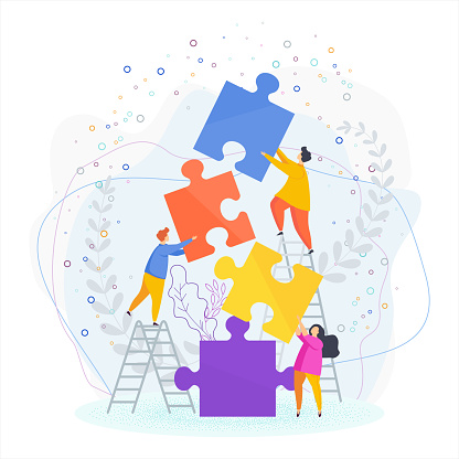 Small people connect puzzle pieces. Teamwork, help and support, mutual understanding. Human Resource Management and Problem Solving. Trendy flat vector style.