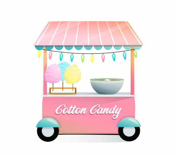 illustrazioni stock, clip art, cartoni animati e icone di tendenza di stand del mercato di strada con zucchero filato, bancarella commerciale con cibo dolce per bambini, dolci per bambini negozio di cartoni animati. - school carnival food cotton candy