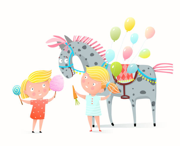 귀여운 어린 소녀는 거리 박람회 또는 축제에서 솜사탕, 달콤한 음식으로 말을 먹이. 사랑스러운 어린이 친구와 동물 수채화 스타일 벡터입니다. - horse child animal feeding stock illustrations