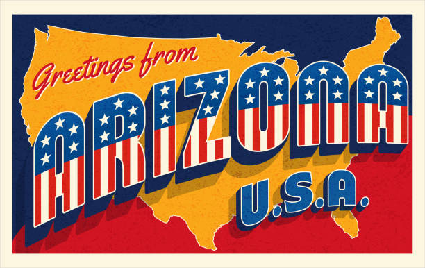 Greetings from Arizona USA. Retro style postcard with patriotic stars and stripes lettering and United States map in the background. Vector illustration.