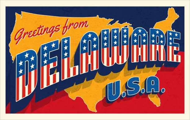 Vector illustration of Greetings from Delaware USA. Retro style postcard with patriotic stars and stripes