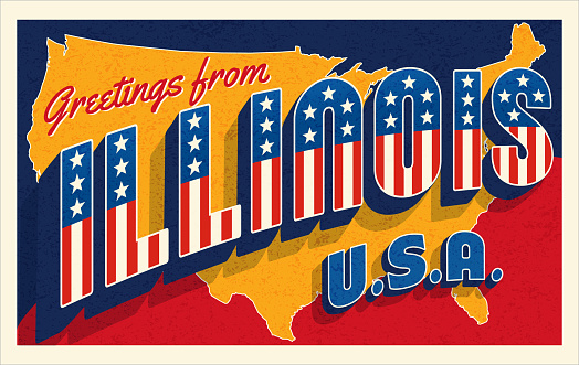 Greetings from Illinois, USA. Retro style postcard with patriotic stars and stripes lettering and United States map in the background. Vector illustration.
