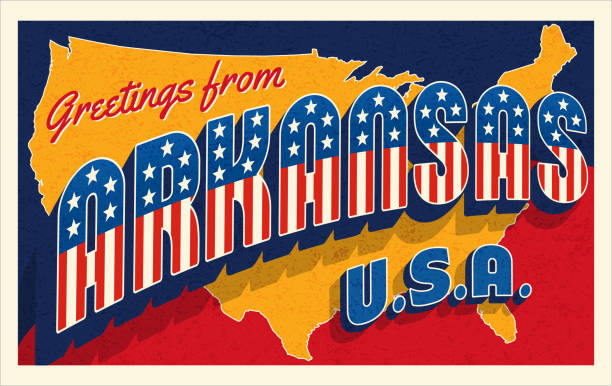 미국 아칸소에서 인사말. 애국적인 별과 줄무늬가있는 복고풍 스타일의 엽서 - postcard scrapbook design pattern stock illustrations