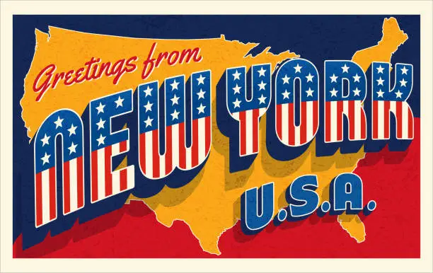 Vector illustration of Greetings from New York USA. Retro postcard with patriotic stars and stripes