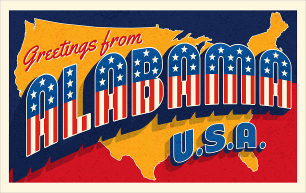 Greetings from Alabama USA. Retro style postcard with patriotic stars and stripes Greetings from Alabama USA. Retro style postcard with patriotic stars and stripes lettering and United States map in the background. Vector illustration. alabama stock illustrations