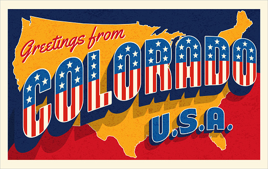 Greetings from Colorado USA. Retro style postcard with patriotic stars and stripes lettering and United States map in the background. Vector illustration.